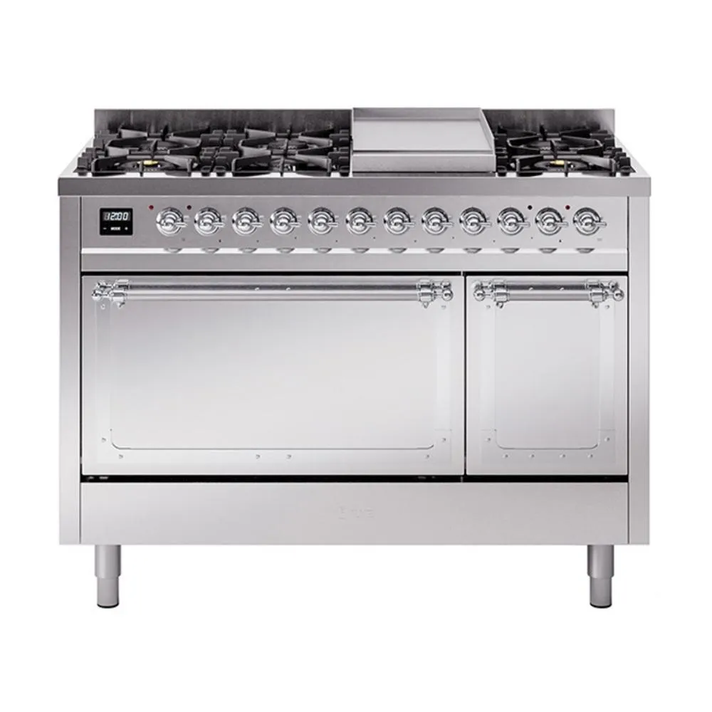Ilve UN48FQNMPSSC Ilve Un48Fqnmpssc Nostalgie Ii Noblesse 48" Dual Fuel Range (8 Sealed Burners   Griddle, Natural Gas, Solid Door, Stainless Steel, Chrome) Freestanding Ranges freestanding dual fuel range 30 inch