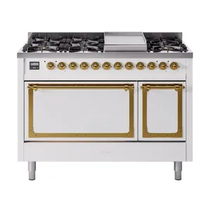 Ilve UN48FQNMPWHGLP Ilve Un48Fqnmpwhglp Nostalgie Ii Noblesse 48" Dual Fuel Range (8 Sealed Burners   Griddle, Liquid Propane, Solid Door, White, Brass) Freestanding Ranges freestanding dual fuel range 30 inch