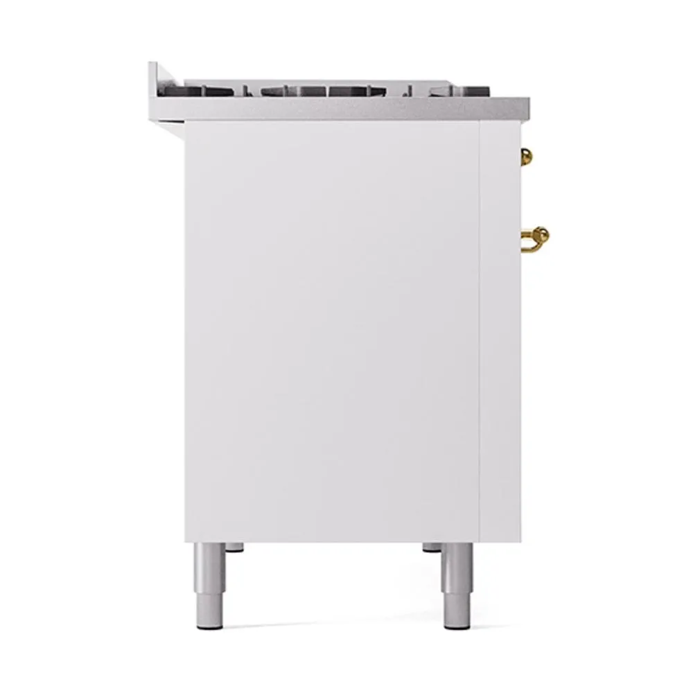 Ilve UN48FQNMPWHGLP Ilve Un48Fqnmpwhglp Nostalgie Ii Noblesse 48" Dual Fuel Range (8 Sealed Burners   Griddle, Liquid Propane, Solid Door, White, Brass)