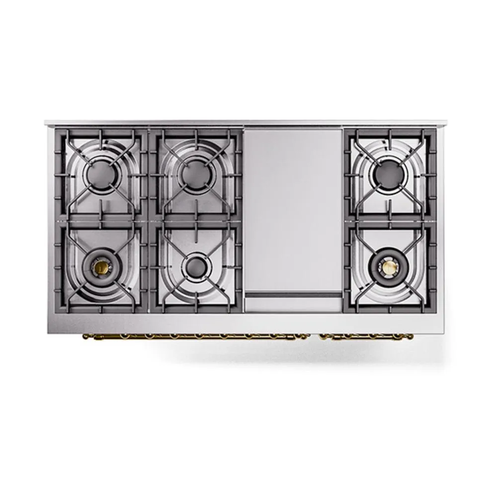 Ilve UN48FQNMPWHGLP Ilve Un48Fqnmpwhglp Nostalgie Ii Noblesse 48" Dual Fuel Range (8 Sealed Burners   Griddle, Liquid Propane, Solid Door, White, Brass)