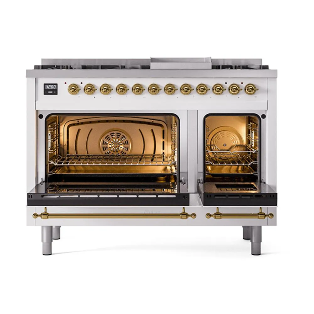 Ilve UN48FQNMPWHGLP Ilve Un48Fqnmpwhglp Nostalgie Ii Noblesse 48" Dual Fuel Range (8 Sealed Burners   Griddle, Liquid Propane, Solid Door, White, Brass)