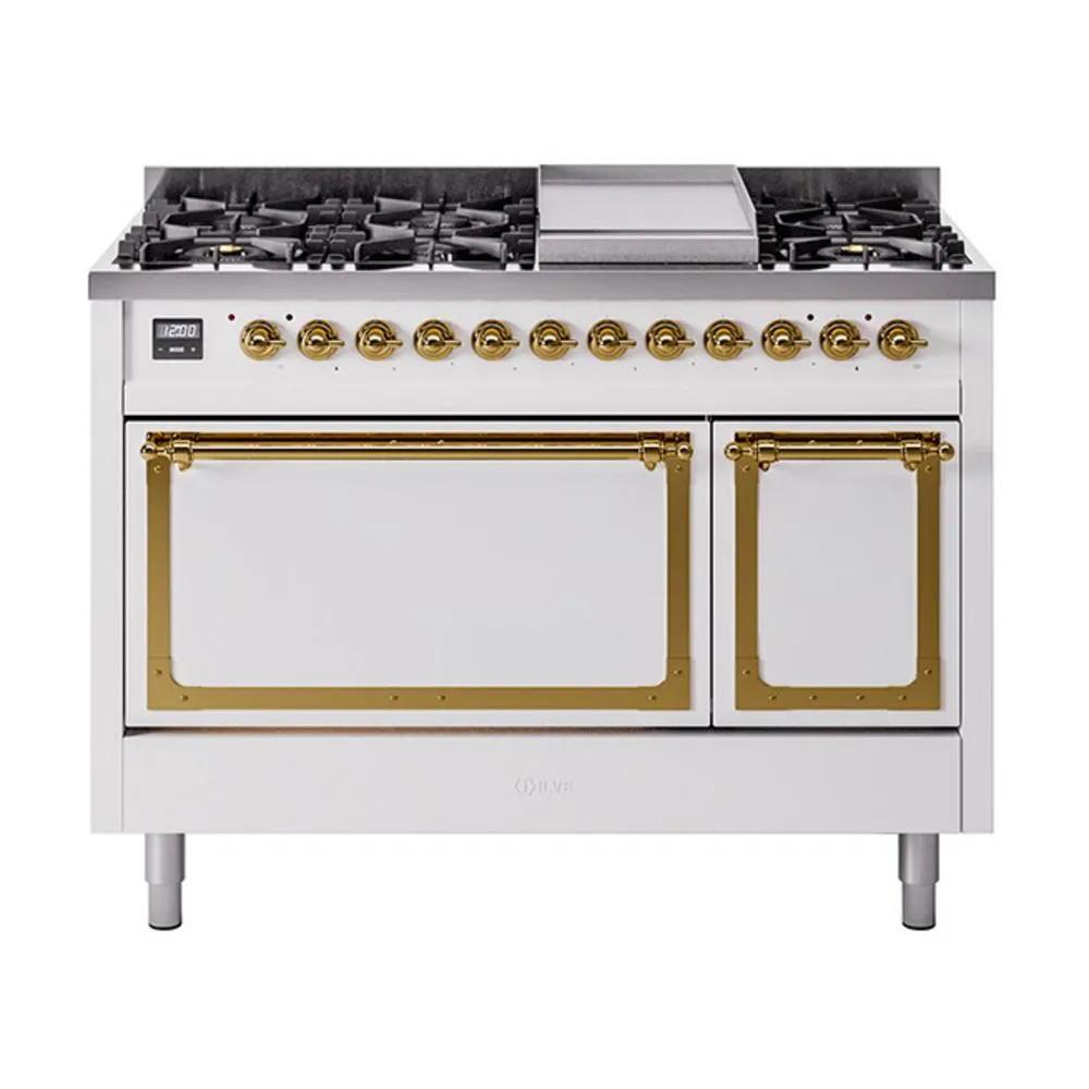 Ilve UN48FQNMPWHGLP Ilve Un48Fqnmpwhglp Nostalgie Ii Noblesse 48" Dual Fuel Range (8 Sealed Burners   Griddle, Liquid Propane, Solid Door, White, Brass) Freestanding Ranges freestanding dual fuel range 30 inch
