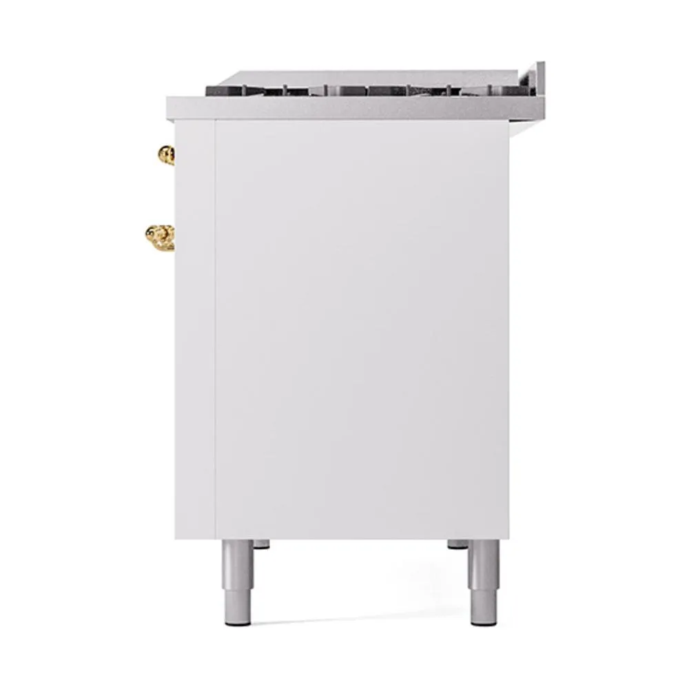 Ilve UN48FQNMPWHGLP Ilve Un48Fqnmpwhglp Nostalgie Ii Noblesse 48" Dual Fuel Range (8 Sealed Burners   Griddle, Liquid Propane, Solid Door, White, Brass)