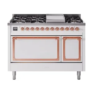 Ilve UN48FQNMPWHP Ilve Un48Fqnmpwhp Nostalgie Ii Noblesse 48" Dual Fuel Range (8 Sealed Burners   Griddle, Natural Gas, Solid Door, White, Copper) Freestanding Ranges freestanding dual fuel range 30 inch