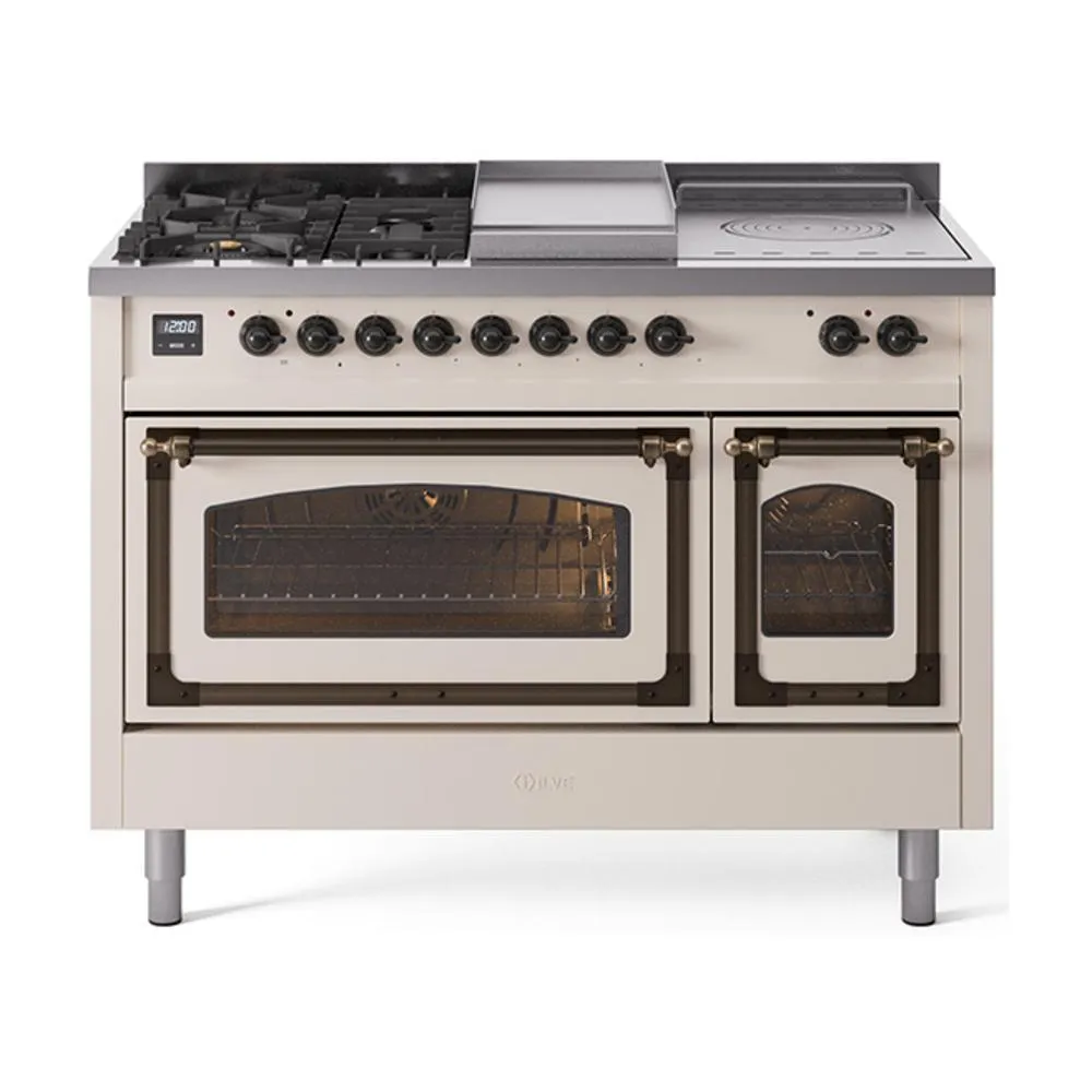 Ilve UN48FSNMPAWB Ilve Un48Fsnmpawb Nostalgie Ii Noblesse 48" Dual Fuel Range (5 Sealed Burners   Griddle   French Top, Natural Gas, Triple Glass Door, Antique White, Burnished) Freestanding Ranges freestanding dual fuel range 30 inch