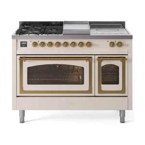 Ilve UN48FSNMPAWG Ilve Un48Fsnmpawg Nostalgie Ii Noblesse 48" Dual Fuel Range (5 Sealed Burners   Griddle   French Top, Natural Gas, Triple Glass Door, Antique White, Brass) Freestanding Ranges freestanding dual fuel range 30 inch