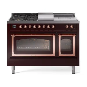 Ilve UN48FSNMPBUP Ilve Un48Fsnmpbup Nostalgie Ii Noblesse 48" Dual Fuel Range (5 Sealed Burners   Griddle   French Top, Natural Gas, Triple Glass Door, Burgundy, Copper) Freestanding Ranges freestanding dual fuel range 30 inch