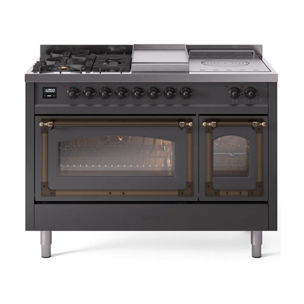 Ilve UN48FSNMPMGB Ilve Un48Fsnmpmgb Nostalgie Ii Noblesse 48" Dual Fuel Range (5 Sealed Burners   Griddle   French Top, Natural Gas, Triple Glass Door, Graphite Matte, Burnished) Freestanding Ranges freestanding dual fuel range 30 inch