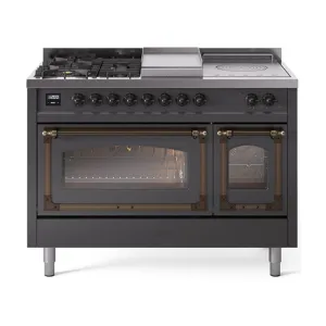 Ilve UN48FSNMPMGB Ilve Un48Fsnmpmgb Nostalgie Ii Noblesse 48" Dual Fuel Range (5 Sealed Burners   Griddle   French Top, Natural Gas, Triple Glass Door, Graphite Matte, Burnished) Freestanding Ranges freestanding dual fuel range 30 inch