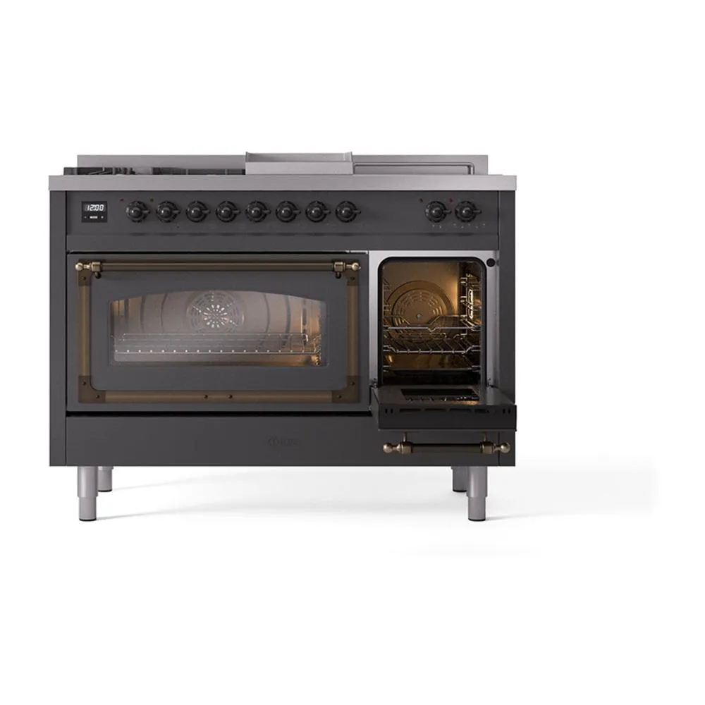 Ilve UN48FSNMPMGBLP Ilve Un48Fsnmpmgblp Nostalgie Ii Noblesse 48" Dual Fuel Range (5 Sealed Burners   Griddle   French Top, Liquid Propane, Triple Glass Door, Graphite Matte, Burnished)