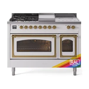 Ilve UN48FSNMPRAGLP Ilve Un48Fsnmpraglp Nostalgie Ii Noblesse 48" Dual Fuel Range (5 Sealed Burners   Griddle   French Top, Liquid Propane, Triple Glass Door, Ral, Brass) Freestanding Ranges freestanding dual fuel range 30 inch