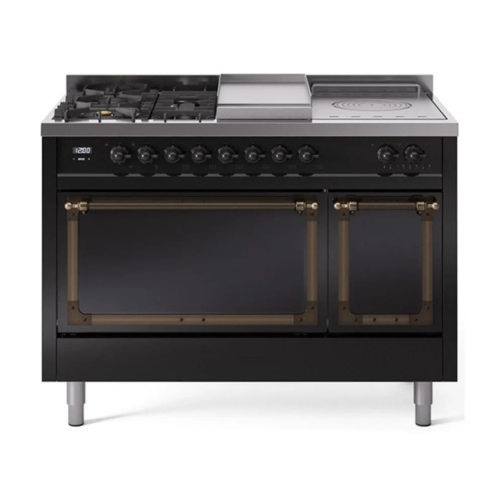 Ilve UN48FSQNMPBKBLP Ilve Un48Fsqnmpbkblp Nostalgie Ii Noblesse 48" Dual Fuel Range (5 Sealed Burners   Griddle   French Top, Liquid Propane, Solid Door, Glossy Black, Burnished) Freestanding Ranges freestanding dual fuel range 30 inch