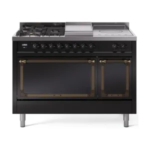 Ilve UN48FSQNMPBKBLP Ilve Un48Fsqnmpbkblp Nostalgie Ii Noblesse 48" Dual Fuel Range (5 Sealed Burners   Griddle   French Top, Liquid Propane, Solid Door, Glossy Black, Burnished) Freestanding Ranges freestanding dual fuel range 30 inch