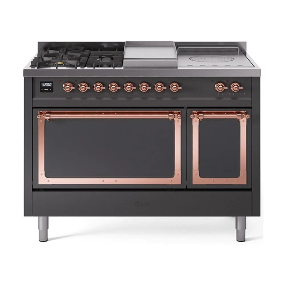 Ilve UN48FSQNMPMGPLP Ilve Un48Fsqnmpmgplp Nostalgie Ii Noblesse 48" Dual Fuel Range (5 Sealed Burners   Griddle   French Top, Liquid Propane, Solid Door, Graphite Matte, Copper) Freestanding Ranges freestanding dual fuel range 30 inch