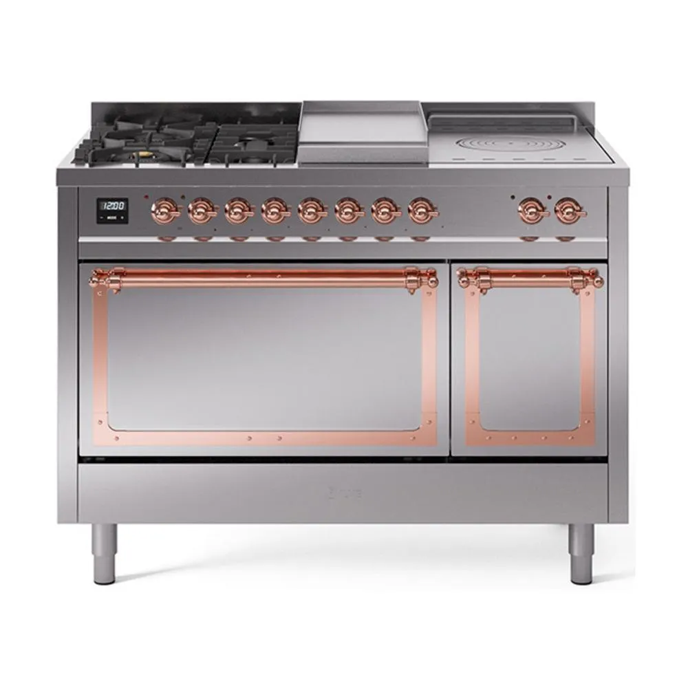 Ilve UN48FSQNMPSSP Ilve Un48Fsqnmpssp Nostalgie Ii Noblesse 48" Dual Fuel Range (5 Sealed Burners   Griddle   French Top, Natural Gas, Solid Door, Stainless Steel, Copper) Freestanding Ranges freestanding dual fuel range 30 inch