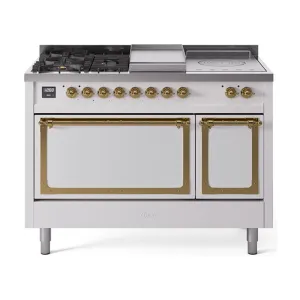 Ilve UN48FSQNMPWHG Ilve Un48Fsqnmpwhg Nostalgie Ii Noblesse 48" Dual Fuel Range (5 Sealed Burners   Griddle   French Top, Natural Gas, Solid Door, White, Brass) Freestanding Ranges freestanding dual fuel range 30 inch