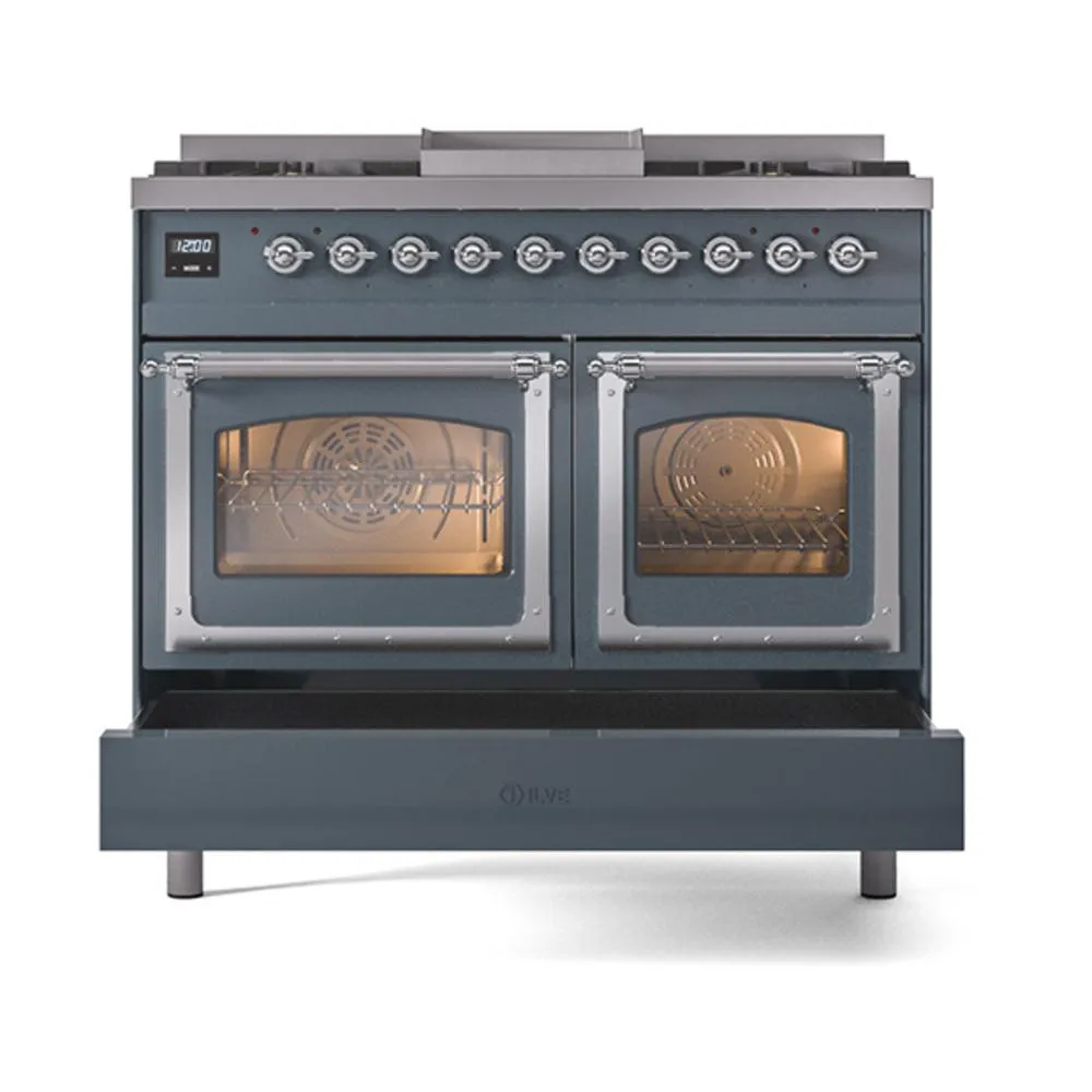 Ilve UND40FNMPBGCLP Ilve Und40Fnmpbgclp Nostalgie Ii Noblesse 40" Dual Fuel Range (Liquid Propane, Triple Glass Door, Blue Grey, Chrome)