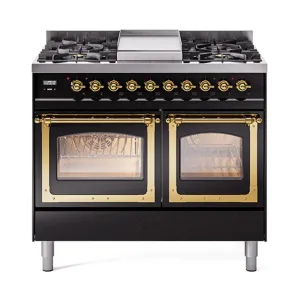 Ilve UND40FNMPBKG Ilve Und40Fnmpbkg Nostalgie Ii Noblesse 40" Dual Fuel Range (Natural Gas, Triple Glass Door, Glossy Black, Brass) Freestanding Ranges freestanding dual fuel range 30 inch