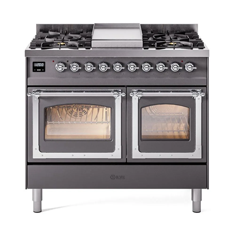 Ilve UND40FNMPMGC Ilve Und40Fnmpmgc Nostalgie Ii Noblesse 40" Dual Fuel Range (Natural Gas, Triple Glass Door, Graphite Matte, Chrome) Freestanding Ranges freestanding dual fuel range 30 inch