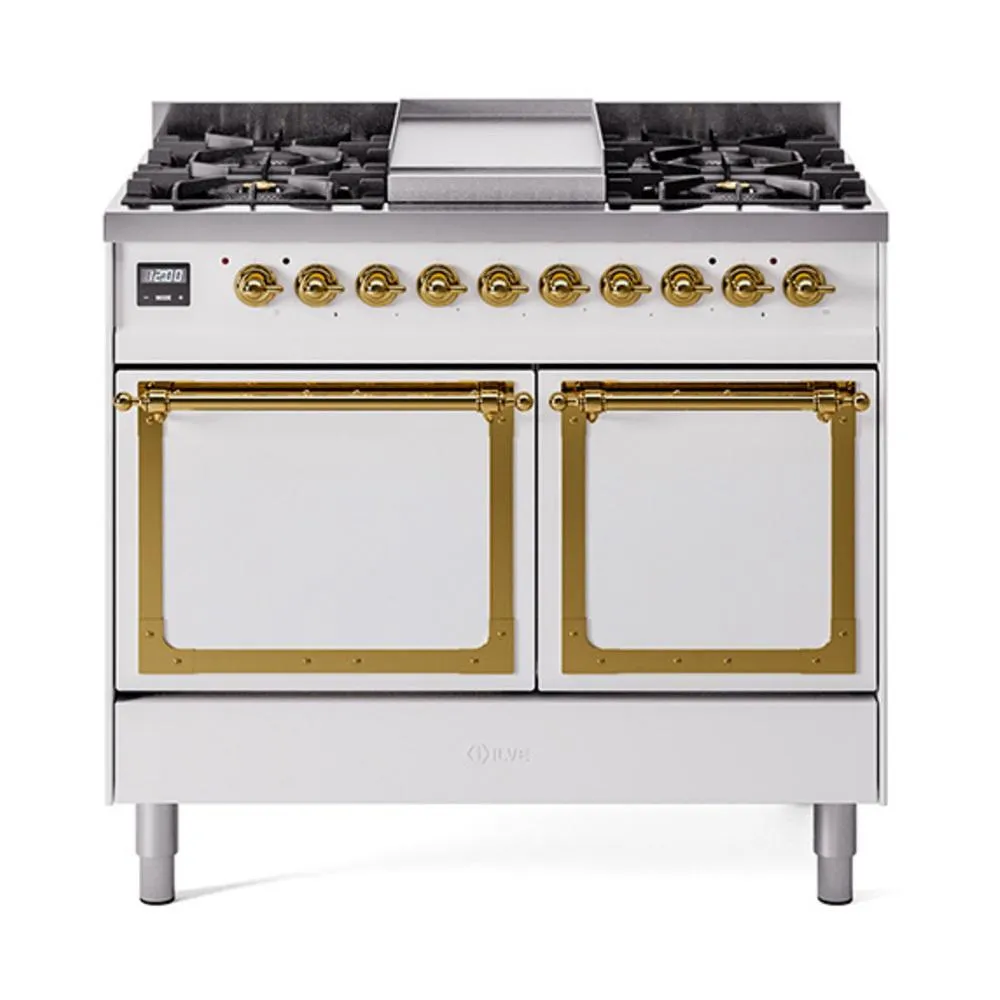 Ilve UND40FQNMPWHG Ilve Und40Fqnmpwhg Nostalgie Ii Noblesse 40" Dual Fuel Range (Natural Gas, Solid Door, White, Brass) Freestanding Ranges freestanding dual fuel range 30 inch