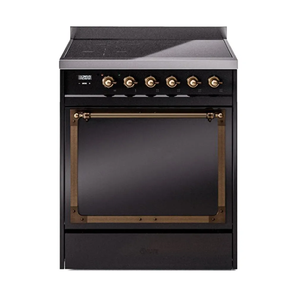 Ilve UNI304QNMPBKB Ilve Uni304Qnmpbkb Nostalgie Ii Noblesse 30" Induction Range (Solid Door, Glossy Black, Burnished) Freestanding Ranges freestanding dual fuel range 30 inch
