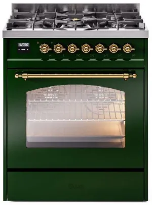 Ilve UP30NMPEGG Nostalgie Ii 30 Inch Dual Fuel Natural Gas Freestanding Range In Emerald Green With Brass Trim Freestanding Ranges freestanding dual fuel range 30 inch
