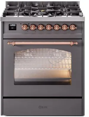 Ilve UP30NMPMGP Nostalgie Ii 30 Inch Dual Fuel Natural Gas Freestanding Range In Matte Graphite With Copper Trim Freestanding Ranges freestanding dual fuel range 30 inch