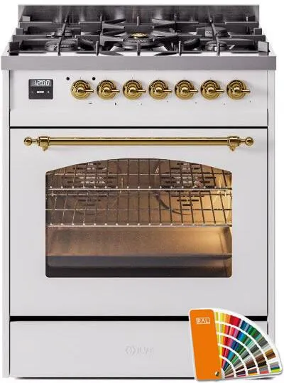 Ilve UP30NMPRAG Nostalgie Ii 30 Inch Dual Fuel Natural Gas Freestanding Range In Ral Custom Color With Brass Trim Freestanding Ranges freestanding dual fuel range 30 inch