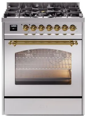 Ilve UP30NMPSSG Nostalgie Ii 30 Inch Dual Fuel Natural Gas Freestanding Range In Stainless Steel With Brass Trim Freestanding Ranges freestanding dual fuel range 30 inch