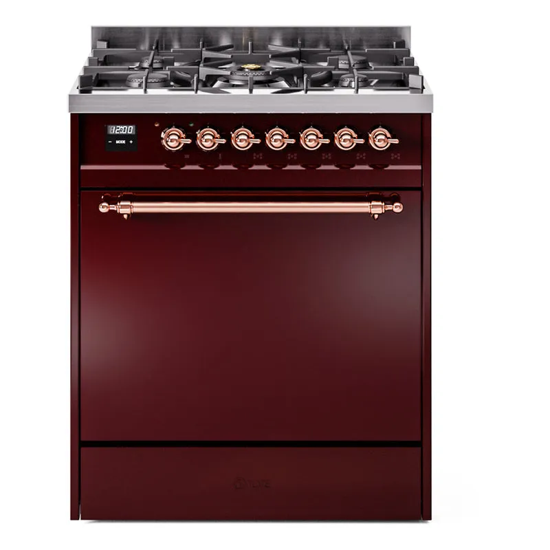 Ilve UP30QNMPBUPLP Nostalgie Ii 30 Inch Dual Fuel Liquid Propane Freestanding Range In Burgundy With Copper Trim Freestanding Ranges freestanding dual fuel range 30 inch