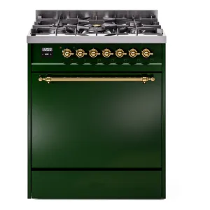 Ilve UP30QNMPEGG Nostalgie Ii 30 Inch Dual Fuel Natural Gas Freestanding Range In Emerald Green With Brass Trim Freestanding Ranges freestanding dual fuel range 30 inch