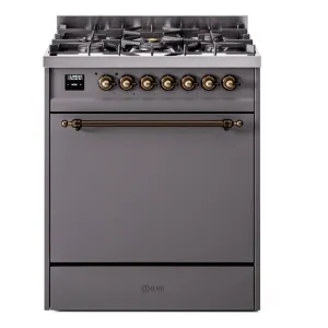 Ilve UP30QNMPMGB Nostalgie Ii 30 Inch Dual Fuel Natural Gas Freestanding Range In Matte Graphite With Bronze Trim Freestanding Ranges freestanding dual fuel range 30 inch