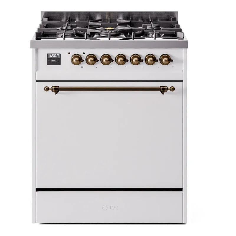 Ilve UP30QNMPWHBLP Nostalgie Ii 30 Inch Dual Fuel Liquid Propane Freestanding Range In White With Bronze Trim Freestanding Ranges freestanding dual fuel range 30 inch