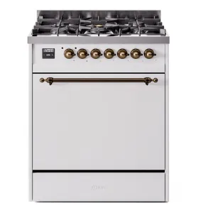 Ilve UP30QNMPWHBLP Nostalgie Ii 30 Inch Dual Fuel Liquid Propane Freestanding Range In White With Bronze Trim Freestanding Ranges freestanding dual fuel range 30 inch