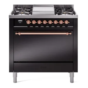 Ilve UP36FQNMPBKP Nostalgie Ii 36 Inch Dual Fuel Natural Gas Freestanding Range In Black With Copper Trim Freestanding Ranges freestanding dual fuel range 30 inch