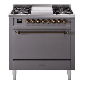 Ilve UP36FQNMPMGB Nostalgie Ii 36 Inch Dual Fuel Natural Gas Freestanding Range In Matte Graphite With Bronze Trim Freestanding Ranges freestanding dual fuel range 30 inch