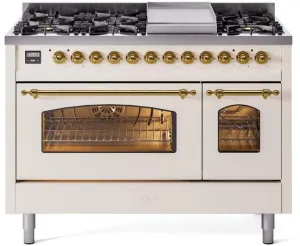 Ilve UP48FNMPAWGLP Nostalgie Ii 48 Inch Dual Fuel Liquid Propane Freestanding Range In Antique White With Brass Trim Freestanding Ranges freestanding dual fuel range 30 inch