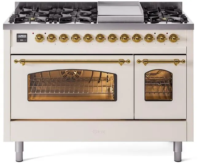Ilve UP48FNMPAWGLP Nostalgie Ii 48 Inch Dual Fuel Liquid Propane Freestanding Range In Antique White With Brass Trim Freestanding Ranges freestanding dual fuel range 30 inch