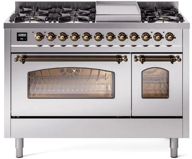Ilve UP48FNMPSSB Nostalgie Ii 48 Inch Dual Fuel Natural Gas Freestanding Range In Stainless Steel With Bronze Trim Freestanding Ranges freestanding dual fuel range 30 inch