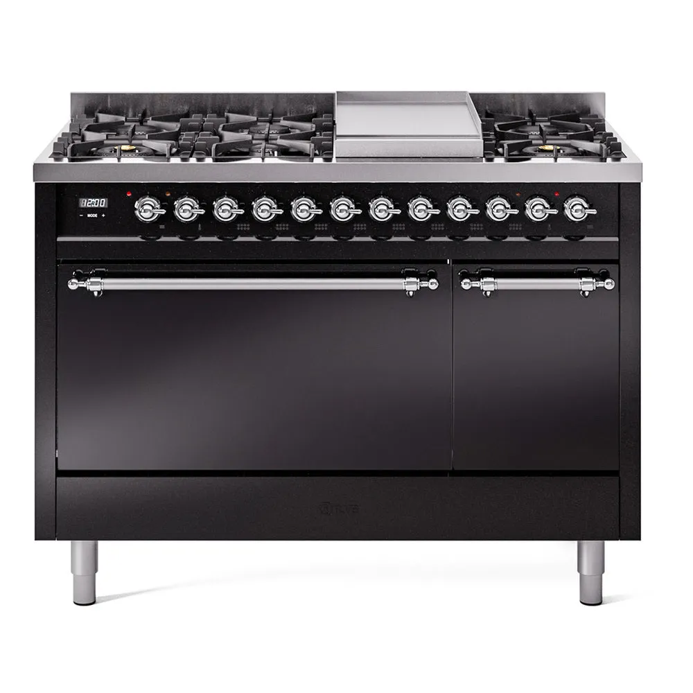 Ilve UP48FQNMPBKCLP Nostalgie Ii 48 Inch Dual Fuel Liquid Propane Freestanding Range In Glossy Black With Chrome Trim Freestanding Ranges freestanding dual fuel range 30 inch