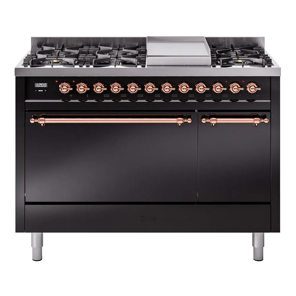 Ilve UP48FQNMPBKPLP Nostalgie Ii 48 Inch Dual Fuel Liquid Propane Freestanding Range In Glossy Black With Copper Trim Freestanding Ranges freestanding dual fuel range 30 inch