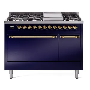 Ilve UP48FQNMPMBGLP Nostalgie Ii 48 Inch Dual Fuel Liquid Propane Freestanding Range In Blue With Brass Trim Freestanding Ranges freestanding dual fuel range 30 inch