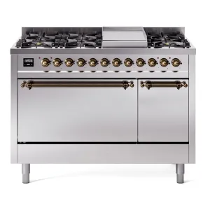 Ilve UP48FQNMPSSB Nostalgie Ii 48 Inch Dual Fuel Natural Gas Freestanding Range In Stainless Steel With Bronze Trim Freestanding Ranges freestanding dual fuel range 30 inch