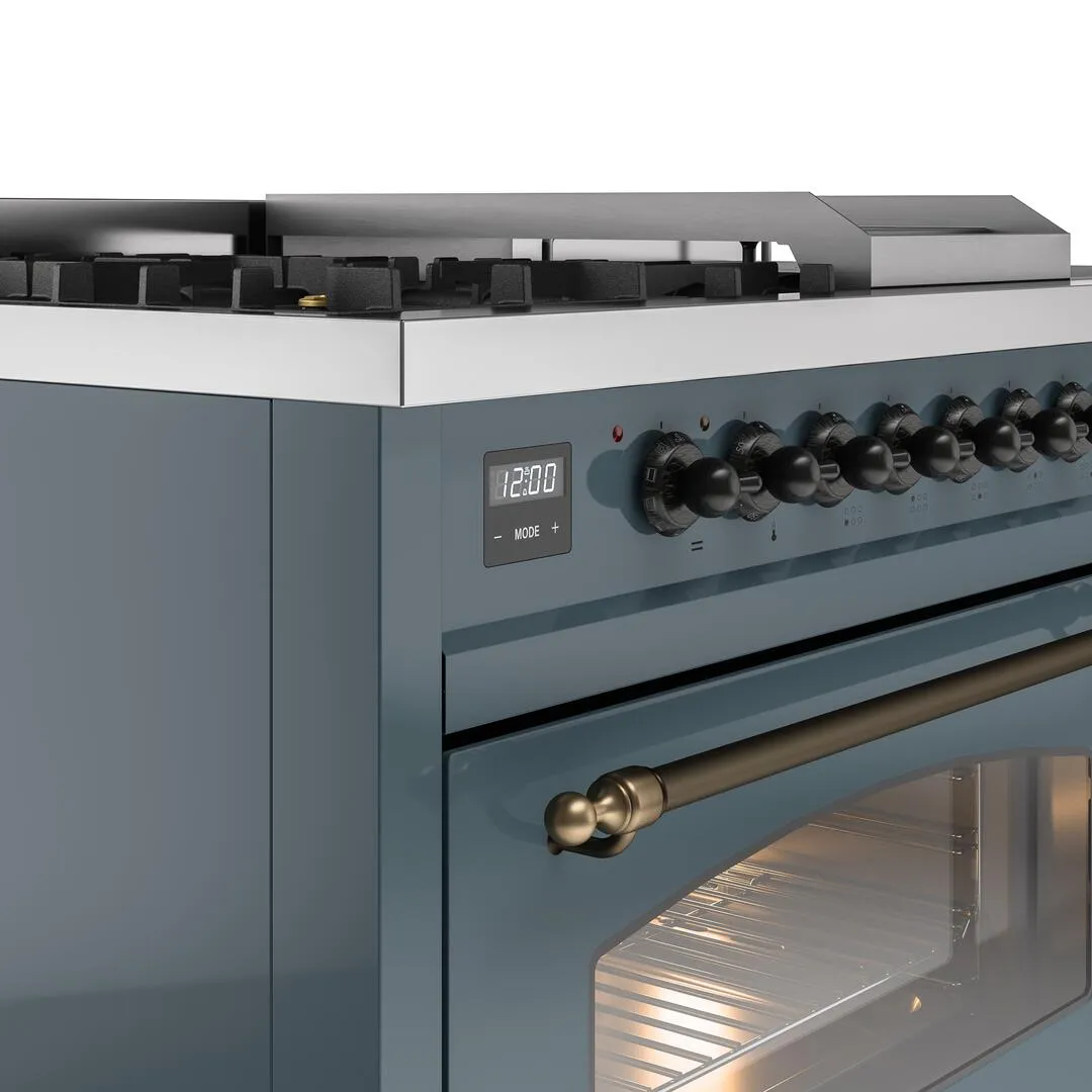 Ilve UP48FSNMPBGBLP Nostalgie Ii 48 Inch Dual Fuel Liquid Propane Freestanding Range In Blue Grey With Bronze Trim