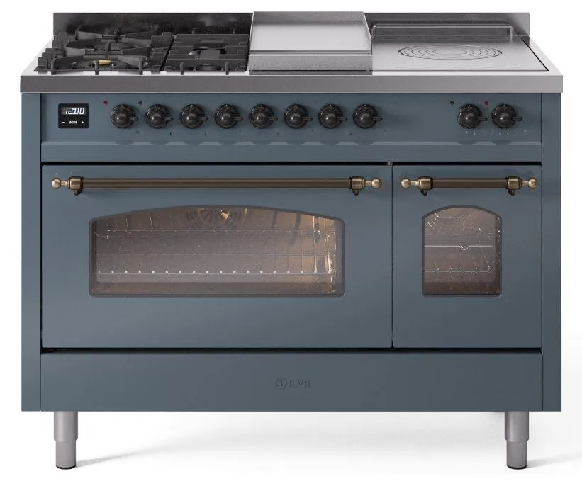 Ilve UP48FSNMPBGBLP Nostalgie Ii 48 Inch Dual Fuel Liquid Propane Freestanding Range In Blue Grey With Bronze Trim Freestanding Ranges freestanding dual fuel range 30 inch