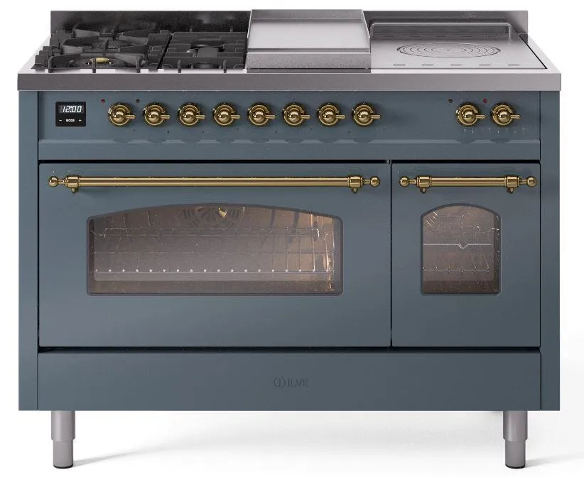 Ilve UP48FSNMPBGGLP Nostalgie Ii 48 Inch Dual Fuel Liquid Propane Freestanding Range In Blue Grey With Brass Trim Freestanding Ranges freestanding dual fuel range 30 inch
