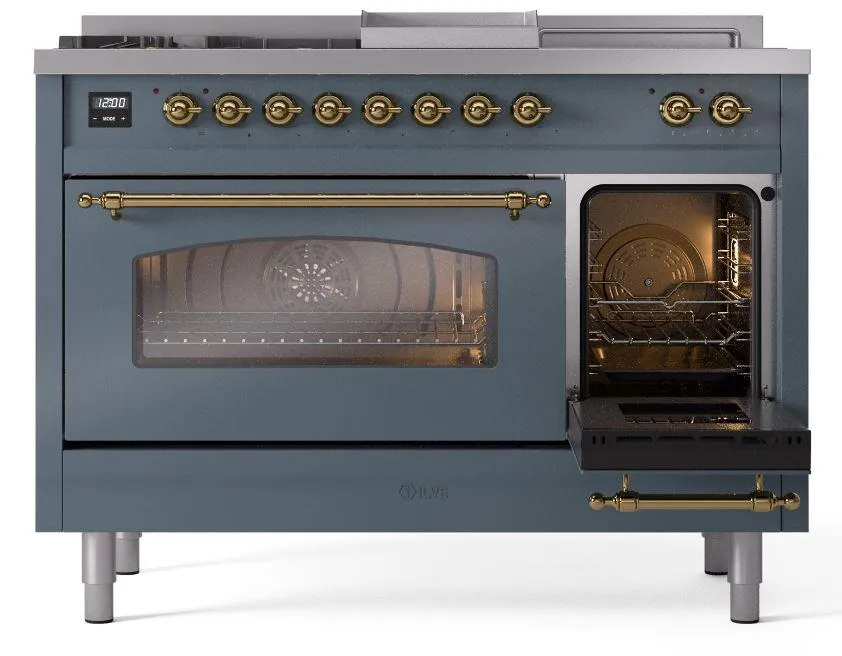 Ilve UP48FSNMPBGGLP Nostalgie Ii 48 Inch Dual Fuel Liquid Propane Freestanding Range In Blue Grey With Brass Trim