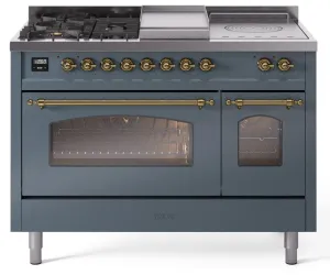 Ilve UP48FSNMPBGGLP Nostalgie Ii 48 Inch Dual Fuel Liquid Propane Freestanding Range In Blue Grey With Brass Trim Freestanding Ranges freestanding dual fuel range 30 inch