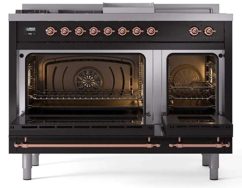 Ilve UP48FSNMPBKPLP Nostalgie Ii 48 Inch Dual Fuel Liquid Propane Freestanding Range In Glossy Black With Copper Trim