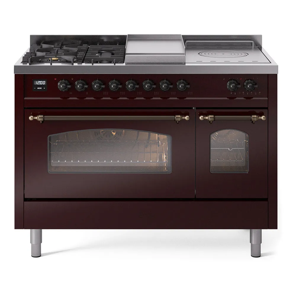 Ilve UP48FSNMPBUB Nostalgie Ii 48 Inch Dual Fuel Natural Gas Freestanding Range In Burgundy With Bronze Trim Freestanding Ranges freestanding dual fuel range 30 inch